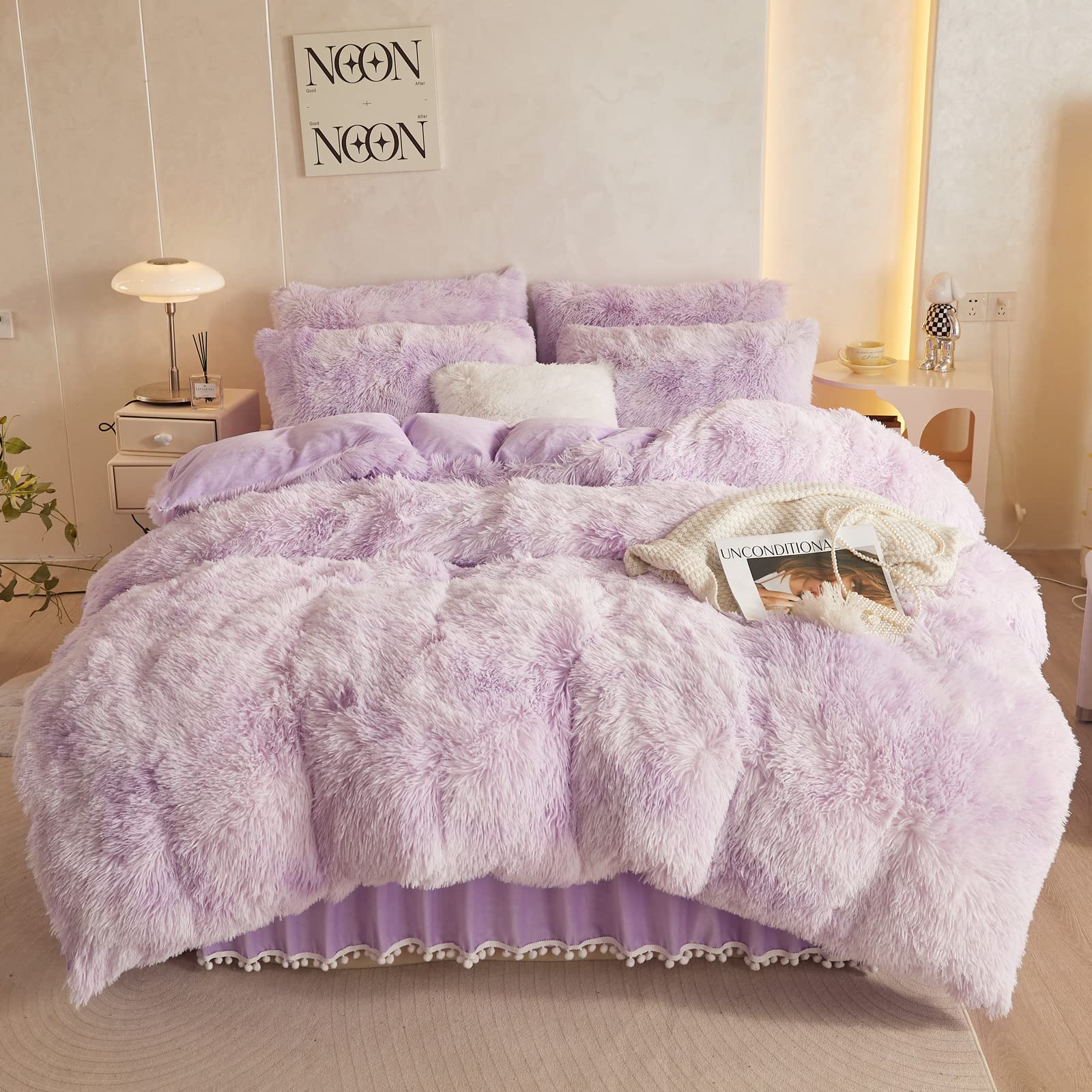 Haihua Fluffy Comforter Cover King Set,Faux Fur Comforter Cover Set 3 Pieces(1 Plush Duvet Cover +2 Shaggy Pillowcases) Faux Fur